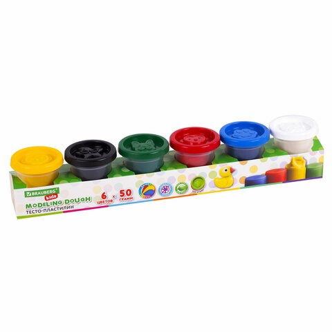 Пластилин-тесто для лепки BRAUBERG KIDS, 6 цветов, 300 г, яркие классические цвета, крышки-штампики, 106718 106718 - фото 280262