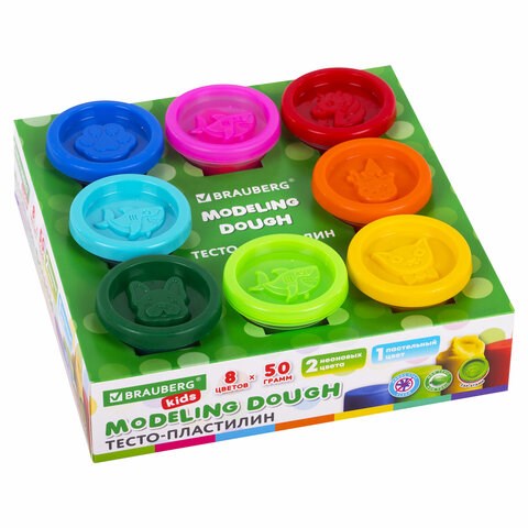 Пластилин-тесто для лепки BRAUBERG KIDS, 8 цветов, 400 г, яркие классические цвета, крышки-штампики, 106720 106720 - фото 280272