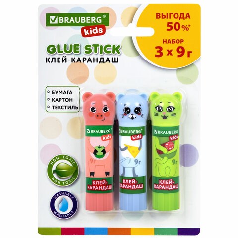 Клей-карандаш "Зверята: кошка, мышка, хрюшка", 9 г, фигурный колпачок, 3 шт./блистер, BRAUBERG KIDS, 271141 271141 - фото 175812