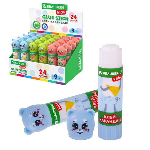 Клей-карандаш "Зверята: кошка, мышка, хрюшка", 9 г, фигурный колпачок, BRAUBERG KIDS, 271138 271138 - фото 175825