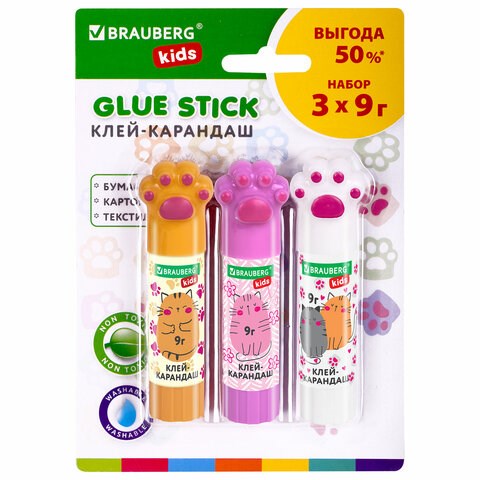 Клей-карандаш "Лапки" Cat Paw, 9 г, фигурный колпачок, 3 шт. на блистере, BRAUBERG KIDS, 271982 271982 - фото 175851