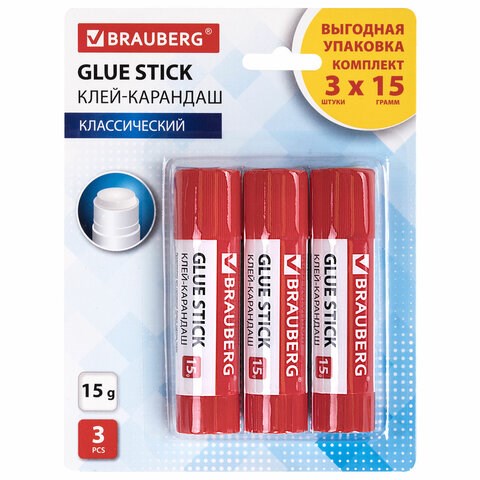 Клей-карандаш 15 г ВЫГОДНАЯ УПАКОВКА BRAUBERG, 3 штуки на блистере, 271307 271307 - фото 175915
