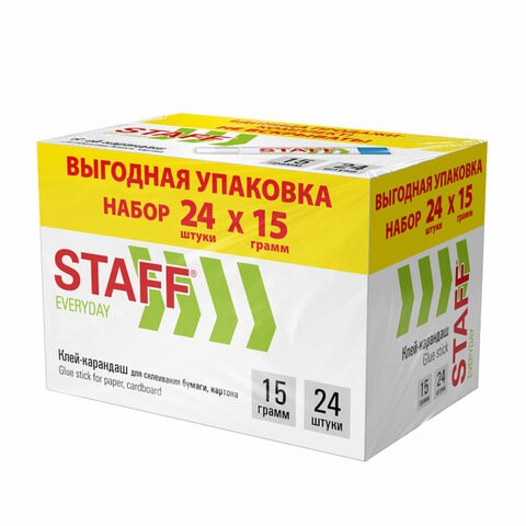 Клей-карандаш 15 г, ВЫГОДНАЯ УПАКОВКА, КОМПЛЕКТ 24 ШТУКИ, STAFF EVERYDAY, 273017 273017 - фото 175974