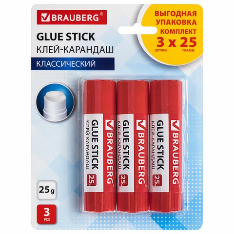 Клей-карандаш 25 г ВЫГОДНАЯ УПАКОВКА BRAUBERG, 3 штуки на блистере, 271306 271306 - фото 175991
