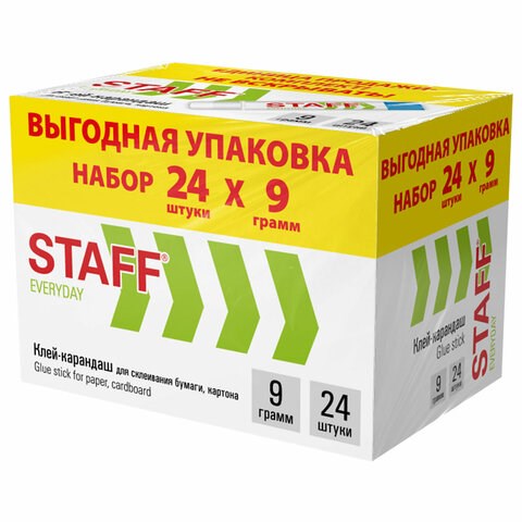Клей-карандаш 9 г, ВЫГОДНАЯ УПАКОВКА, КОМПЛЕКТ 24 ШТУКИ, STAFF EVERYDAY, 273016 273016 - фото 176078