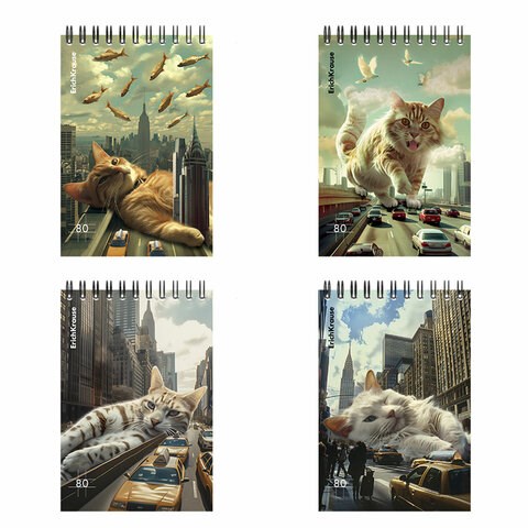 Блокнот МАЛЫЙ ФОРМАТ А6, 100х146 мм, 80 л., спираль, картон, клетка, ERICH KRAUSE, "Вig City Cats", 63385 117569 - фото 211284