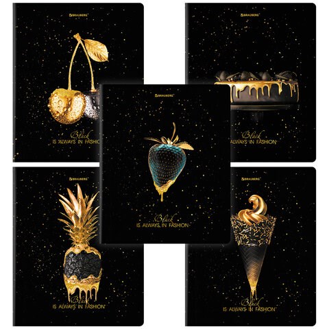 Тетрадь А5, 48 л., BRAUBERG, скоба, клетка, матовая ламинация, фольга, "Black&Gold" (микс в спайке), 404370 404370 - фото 274449
