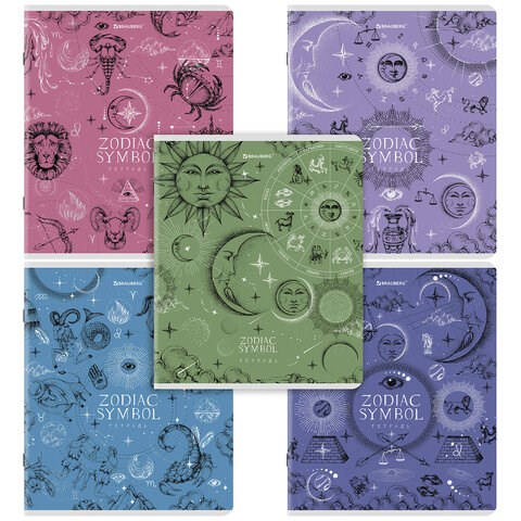 Тетрадь А5, 48 л., BRAUBERG, скоба, клетка, матовая ламинация, фольга, "Zodiac Symbol" (микс в спайке), 404369 404369 - фото 274457