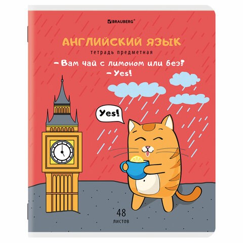 Тетрадь предметная "КОТ-ЭНТУЗИАСТ" 48 л., TWIN-лак, АНГЛИЙСКИЙ ЯЗЫК, клетка, подсказ, BRAUBERG, 404558 404558 - фото 277834
