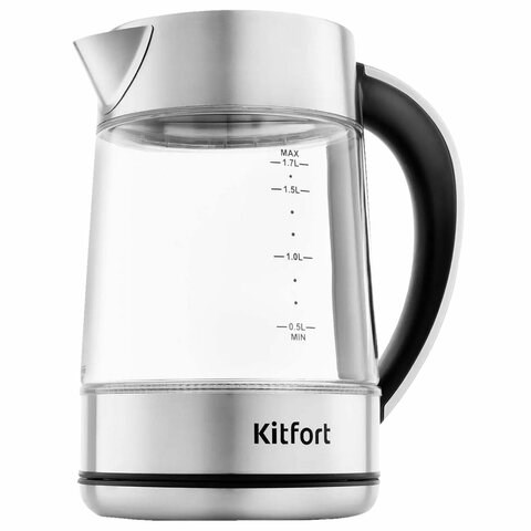 Чайник KITFORT КТ-690, 1,7 л, 2200 Вт, закрытый нагревательный элемент, LED дисплей, ТЕРМОРЕГУЛЯТОР, стекло, серебро 456024 - фото 292460
