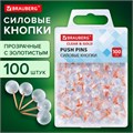 Силовые кнопки-гвоздики BRAUBERG CLEAR & GOLD, прозрачные с золотистым (шарики), 100 штук, 11 мм, 272760 272760