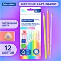 Карандаши цветные BRAUBERG PASTEL, 12 пастельных цветов, трехгранные, грифель 3 мм, натуральное дерево, 181850 181850
