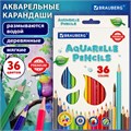 Карандаши цветные акварельные BRAUBERG PREMIUM AQUARELLE, 36 цветов, трехгранные, утолщенный грифель 4 мм, натуральное дерево, 181674 181674