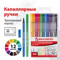 Набор капиллярных ручек (линеров) BRAUBERG 12 шт., АССОРТИ, "Aero", трехгранные, металлический наконечник, линия письма 0,4 мм, 141525 141525