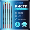 Кисти BRAUBERG PREMIUM, набор 5 шт. (синтетика, круглая № 1, 3, 5, плоская № 5, 8), блистер, 201024 201024