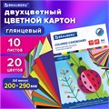 Картон цветной А4 2-цветный МЕЛОВАННЫЙ, 10 листов, 20 цветов, в папке, BRAUBERG, 200х290 мм, 113553 113553